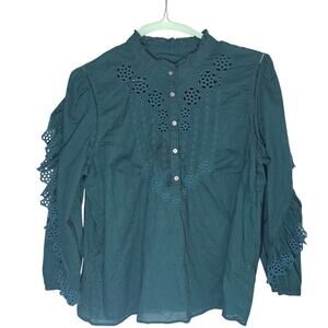 J.Crew Large Christmas Green Blouse 100% Cotton Eyelet Ruffle Semi-Sheer Holiday